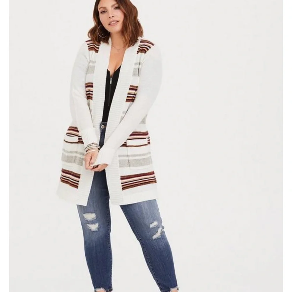 Torrid Ivory Stripe Shawl Knit Cardigan Sweater Open Front Pockets Plus Size 1